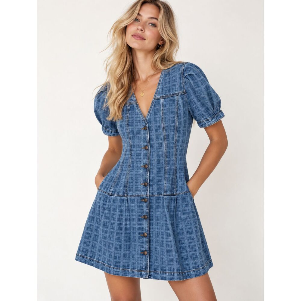 NWT Damson Madder Adeline Shell Mini Dress Blue Plaid Denim Puff Sleeve
